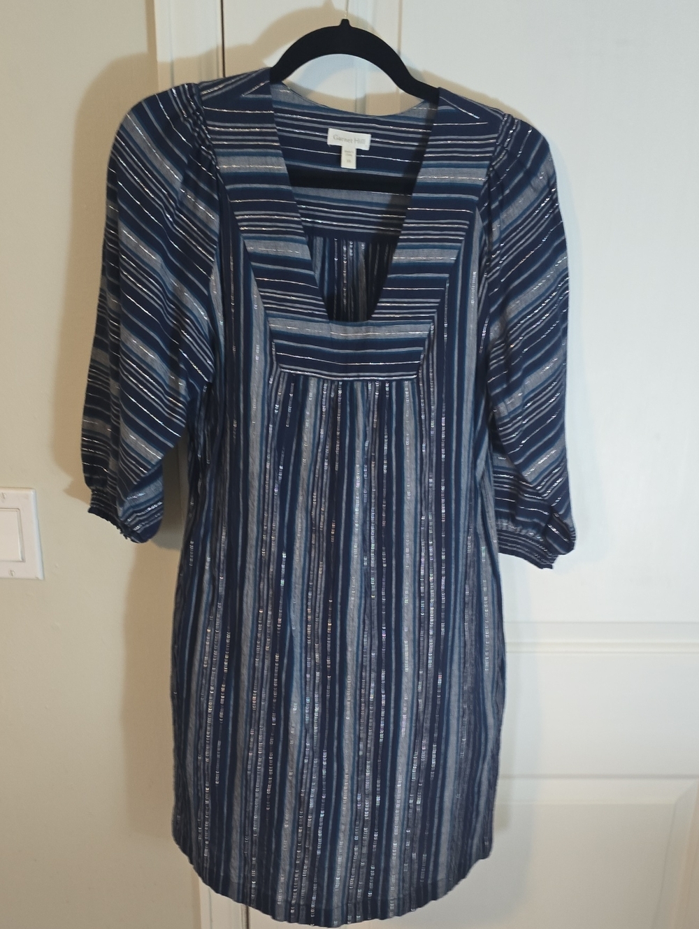 Garnet Hill Navy and Light Blue Striped Midi Dress